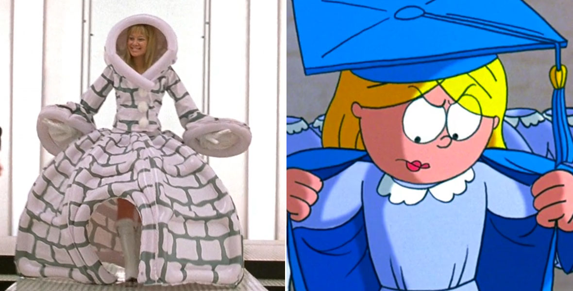 zzie walks down a silver metal runway in an oversized, inflatable dress resembling an igloo. The dress is plastic and has a brick pattern on it in white and gray. The dress is topped with a large, inflated hood and there are inflated bell sleeves on her arms. She is smiling at suited men who line the runway as she walks by.; Animated Lizzie is wearing a blue graduation cap and gown and is staring down angrily at the dress she is wearing under her robes; it’s a blue peasant dress with a white frilly collar. Over a dozen duplicates of the dress are lined up behind her. 