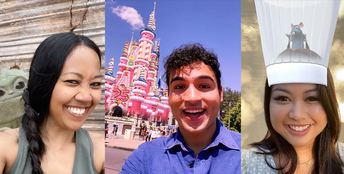 A collage of three images of guests at Walt Disney World using the Disney PhotoPass Lenses. The first image is a woman with a computer generated image of Grogu on her back. In the middle is a young man with Cinderella Castle behind him, but it has been transformed into the pink 25th anniversary “cake castle”. Finally, a woman with long brown hair takes a photo with a fake chef’s hat on her head. Inside the hat you can see an image of Remy from Ratatouille pulling on her hair.