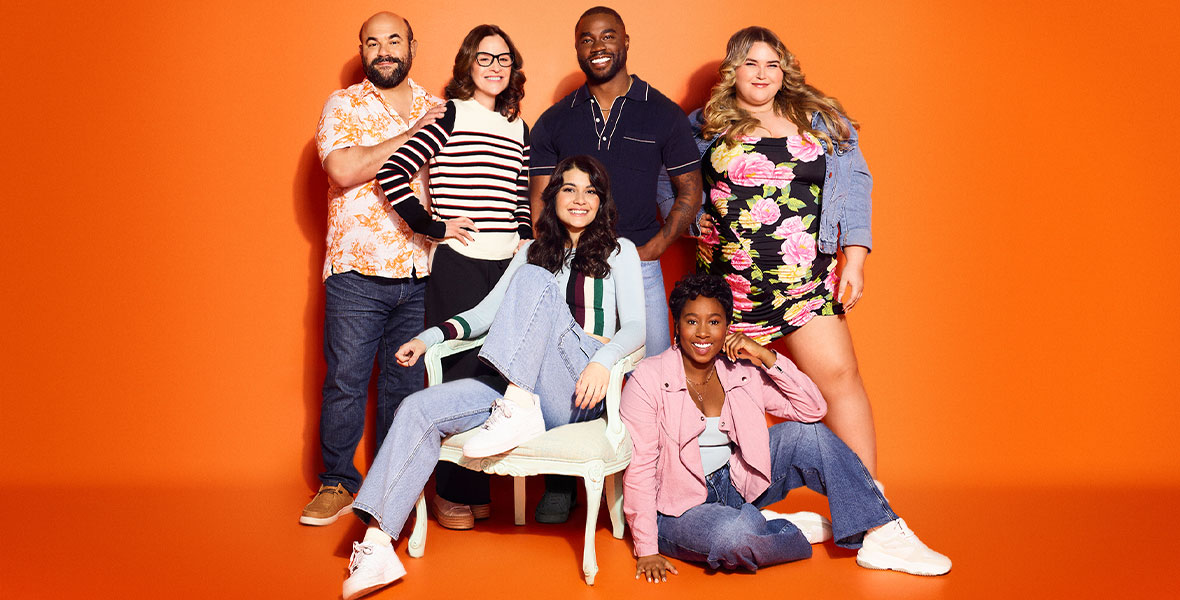 A promotional image depicting the cast from Freeform series Single Drunk Female in front of an orange background