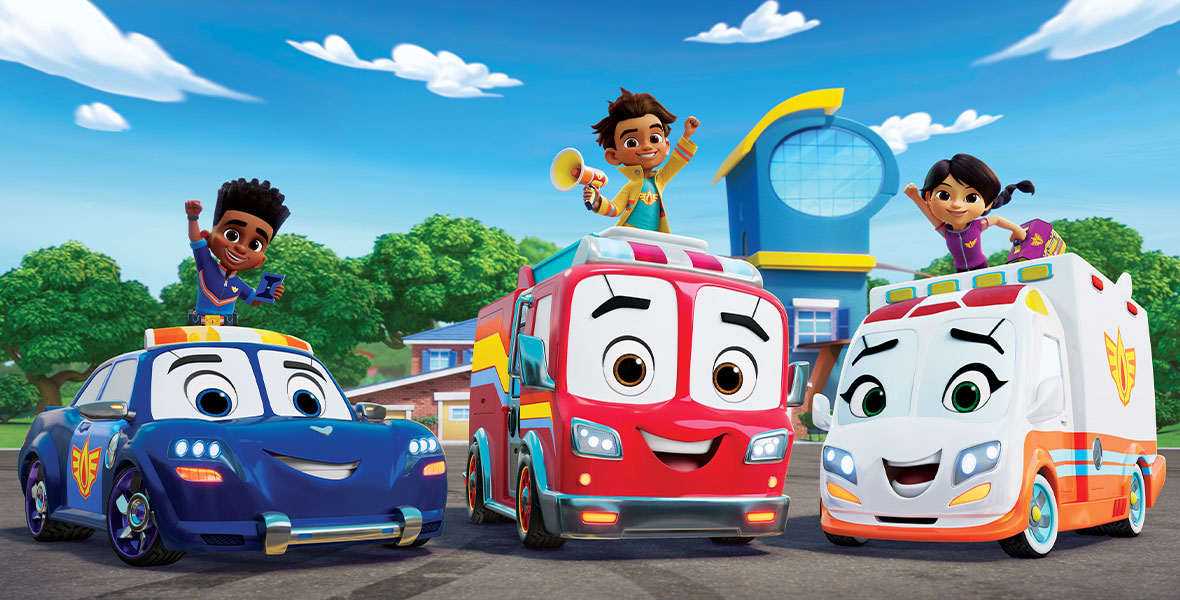 The animated children from the Disney Junior series Firebuds each stand on the roof of a first responder vehicle and raise an arm in the air. The vehicles, from left to right, are a blue police car, a red firetruck, and a blue and white ambulance, each with eyes in their windshields and smiles on their grills.