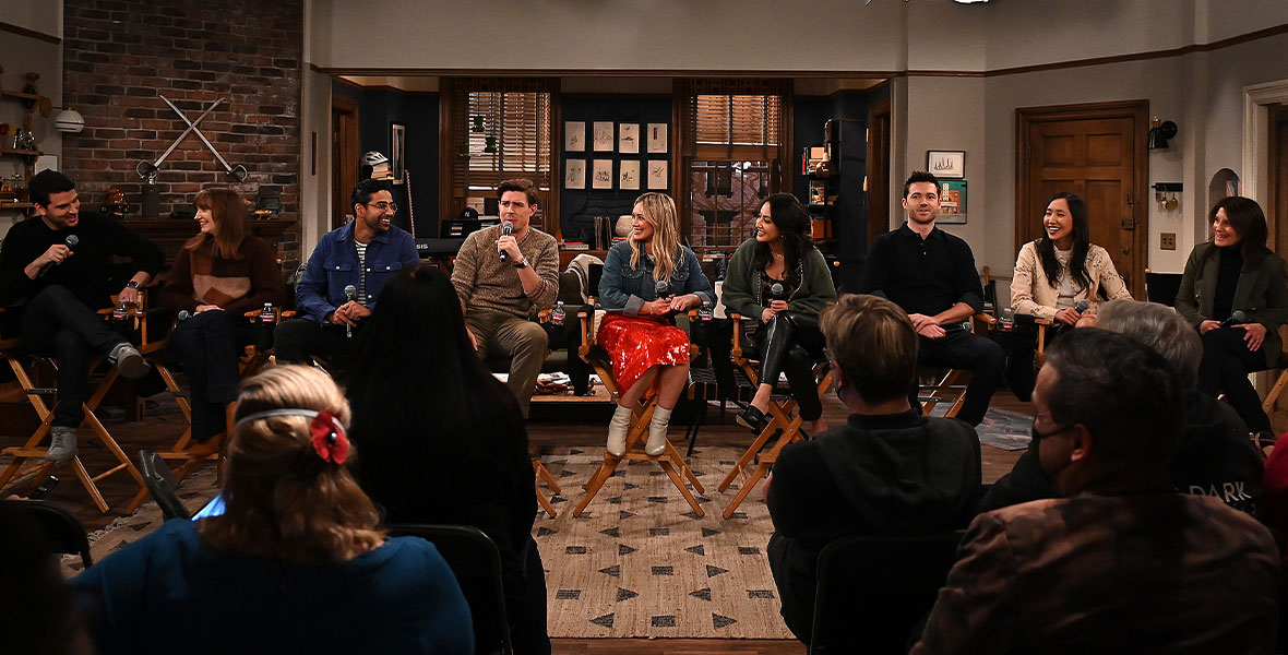 How I Met Your Father stars Hilary Duff, Christopher Lowell Francia Raisa, Suraj Sharma, Tom Ainsley, and Tien Tran and executive producers Isaac Aptaker, Elizabeth Berger, and Pamela Fryman participate in a Q&A on the set of the series.