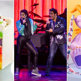 Left: A slice of cake with white frosting and alternating colorful layers: green, purple, red, orange, and yellow. On top of the frosting are freeze-dried Skittles candy. Middle: Two adults sing and dance onstage in front of a live band and a red curtain. Right: A popcorn bucket themed to resembled Figment, a lavender dragon with orange horns and orange wings.