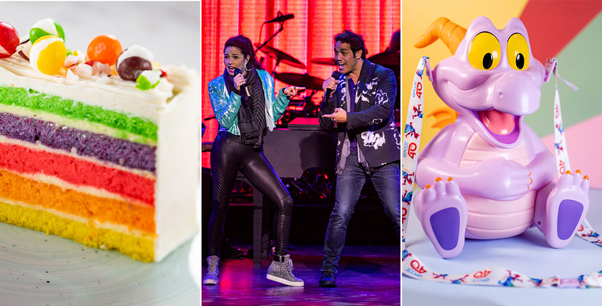 Left: A slice of cake with white frosting and alternating colorful layers: green, purple, red, orange, and yellow. On top of the frosting are freeze-dried Skittles candy. Middle: Two adults sing and dance onstage in front of a live band and a red curtain. Right: A popcorn bucket themed to resembled Figment, a lavender dragon with orange horns and orange wings.