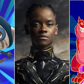Left: Cat Burglar wears a blue mask, a blue catsuit, a blue hat, black gloves, and black boots. The animated character’s arms and legs are outstretched, as beams of blue light shine behind it. Middle: Letitia Wright wears the black, silver, and gold Black Panther suit. She is unmasked and her hair is in tight braids. She is doing the Wakanda Forever salute. Right: Devil Dinosaur, a red T-Rex, and Lunella Lafayette, illustrated in purple, yellow, and orange, each strike a pose. The background has blue geometric shapes.