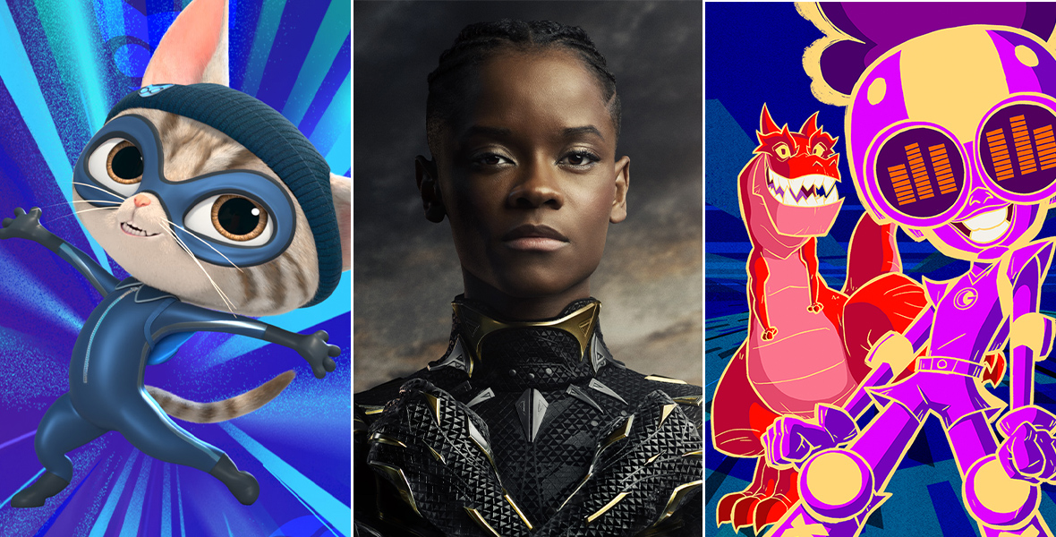 Left: Cat Burglar wears a blue mask, a blue catsuit, a blue hat, black gloves, and black boots. The animated character’s arms and legs are outstretched, as beams of blue light shine behind it. Middle: Letitia Wright wears the black, silver, and gold Black Panther suit. She is unmasked and her hair is in tight braids. She is doing the Wakanda Forever salute. Right: Devil Dinosaur, a red T-Rex, and Lunella Lafayette, illustrated in purple, yellow, and orange, each strike a pose. The background has blue geometric shapes.