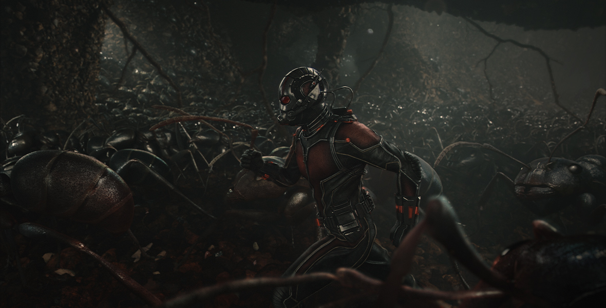 Ant-Man wears a red, black, and silver suit with a helmet that resembles an ant’s head. He is underground and running with dozens of ants that are as big as he is.