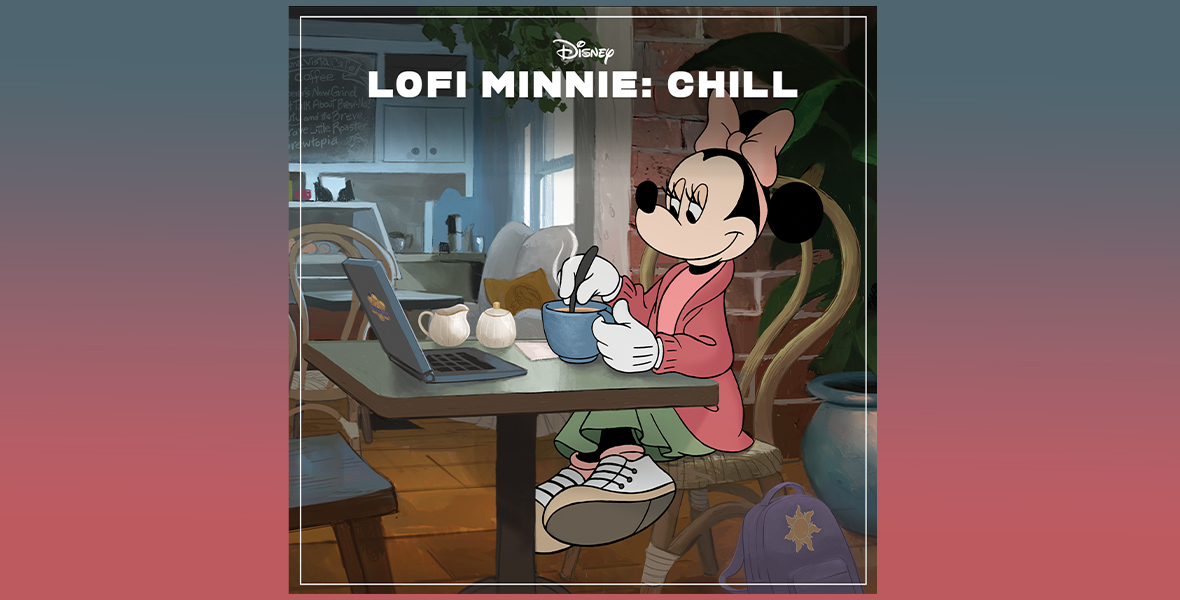 Minnie Mouse sits at a two-top table at a coffee shop with her legs crossed. She has a pink bow on her head and she is wearing a pink shirt, a pink robe, a green skirt, and white sneakers with tan soles. She is stirring a cup of coffee, which is in a blue mug, as she looks at a laptop on the table. Her Tangled-themed backpack is placed on the floor. Above her are the words LOFI MINNIE: CHILL written in white, capital letters.