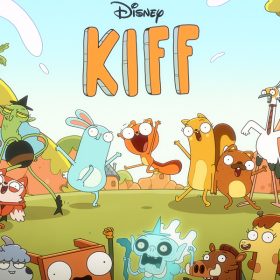 Key art for Disney Branded Television series Kiff depicts animated colorful animals frolicking in a woodland area.
