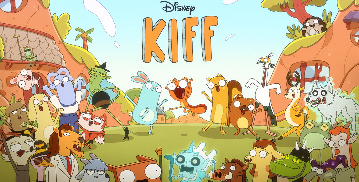Key art for Disney Branded Television series Kiff depicts animated colorful animals frolicking in a woodland area.