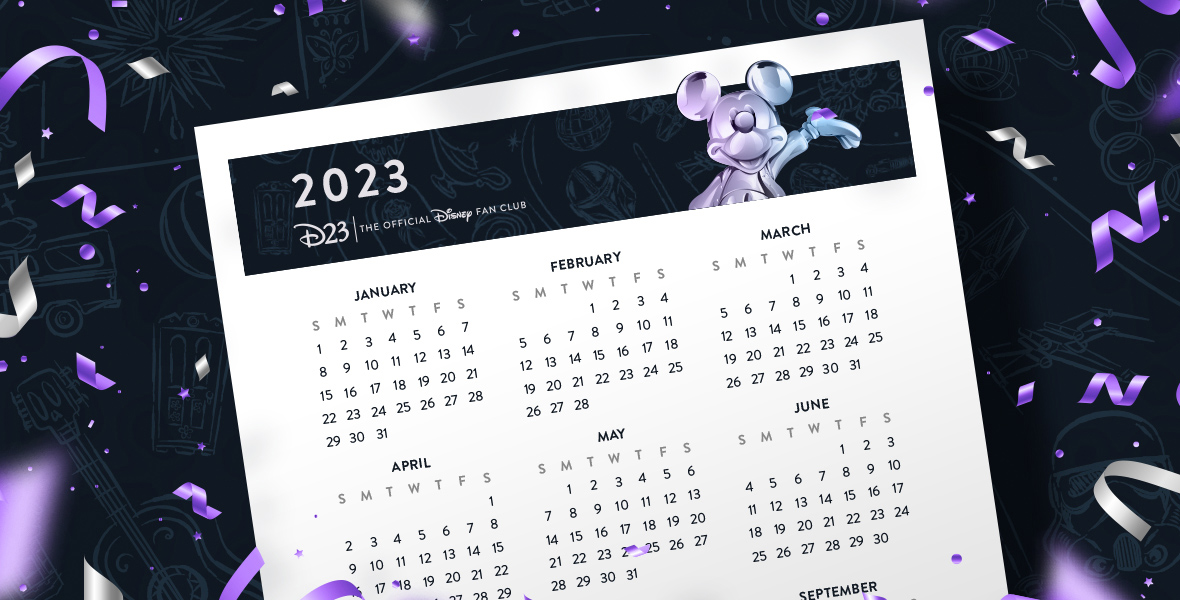 A 2023 calendar featuring the D23: The Official Disney Fan Club logo and the Mickey Mouse Leader of the Club Milestone Statue is surrounded by confetti.