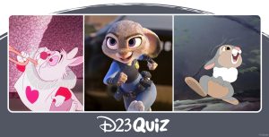 Three images of Disney rabbits are compiled together. On the left, the White Rabbit stands in front of the bushes wearing a white collar and shirt with a red heart while blowing a trumpet. Beside him is an action shot of Judy Hopps in her uniform, racing forward. To the right, Thumper sits smiling on a log in the forest with his right foot in the air.