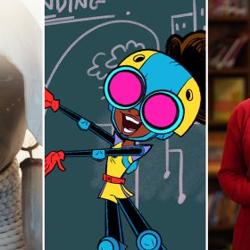 In a scene from Black Panther: Wakanda Forever, actor Letitia Wright portrays Shuri and wears a sheer, white veil on her head, large, cylindrical white earrings, a white gown, and a white rope necklace.; In a scene from the animated series Marvel’s Moon Girl and Devil Dinosaur, a young girl wears a teal and yellow helmet, large goggles with pink lenses, a yellow romper, red gloves, black pants, and teal elbow and knee pads. She gestures to a green chalkboard that has the city’s electrical plan written on it in chalk.; In a scene from Abbott Elementary, actor Sheryl Lee Ralph as Barbara stands in a school’s library and wears a black blouse, a red cardigan, and a pearl necklace.