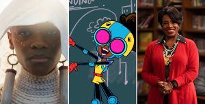 In a scene from Black Panther: Wakanda Forever, actor Letitia Wright portrays Shuri and wears a sheer, white veil on her head, large, cylindrical white earrings, a white gown, and a white rope necklace.; In a scene from the animated series Marvel’s Moon Girl and Devil Dinosaur, a young girl wears a teal and yellow helmet, large goggles with pink lenses, a yellow romper, red gloves, black pants, and teal elbow and knee pads. She gestures to a green chalkboard that has the city’s electrical plan written on it in chalk.; In a scene from Abbott Elementary, actor Sheryl Lee Ralph as Barbara stands in a school’s library and wears a black blouse, a red cardigan, and a pearl necklace.