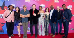 Rafael Saadiq, Pilar Flynn, Laurence Fishburne, Fred Tatasciore, Diamond White, Libe Barer, Gary Anthony Williams, Steve Loter, and Rodney Clouden attend the premiere for Marvel’s Moon Girl and Devil Dinosaur at The Walt Disney Studios Lot in Burbank, California.