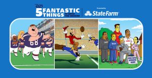 IMAGE 00A Alt text: In a scene from an episode of Family Guy, an adult man dances on a football field with cheerleaders and football players. The man wears a navy jersey and white pants. IMAGE 00B Alt text: In a scene from the animated short Goofy: How to Play Football, Goofy, a tall, anthropomorphic dog, wears a red football jersey and brown pants. He jumps over two opposing football players wearing blue jerseys and brown pants. IMAGE 00C Alt text: In a scene from an episode of The Simpsons, Homer Simpson, an animated, adult man with yellow skin stands in the center and is surrounded by animated iterations of famous athletes: Warren Sapp, Tom Brady, Yao Ming, LeBron James, and Michelle Kwan. Homer wears a blue baseball cap, a gray sweatshirt, and gray sweatpants.