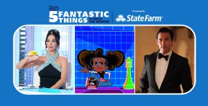 In a scene from an episode of American Idol, a yellow bird sits on judge Katy Perry’s raised hand. She wears a black halter dress decorated with light blue beads around the neckline and sits at a glass-topped desk. IMAGE 00B Alt text: In a scene from an episode of Marvel’s Moon Girl and Devil Dinosaur, Lunella Lafayette, an animated young girl, sits in a digital room next to life-sized chess pieces. She wears blue, round-rimmed glasses, a black T-shirt on top of a white, long-sleeved T-shirt, blue leggings, and black and pink sneakers. IMAGE 00C Alt text: In a scene from an episode of The Company You Keep, actor Milo Ventimiglia leans against a staircase and wears a black tuxedo with a white shirt and black bowtie.
