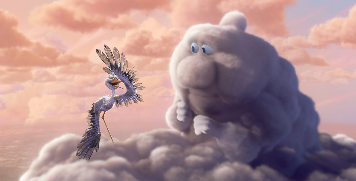 A frazzled looking stork stands on a gray storm cloud that has and anthropomorphic face and limbs. The stork looks exasperated and has one wing against his forehead. The cloud looks concerned as if waiting for news from the stork. Behind them is a pale blue sky dotted with pink sunset clouds.