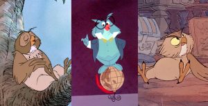 A collage of three animated owls. On the left is Owl of the Winnie the Pooh franchise, sitting on a tree branch. He leans his back against the trunk, presumably sleeping. He has brown feathers and appears to be snoring. In the middle, Professor Owl stands atop a brown globe. He has blue feathers and wears a blue shirt, dark blue jacket, green bow tie, white collar, and circular black spectacles. He smiles and holds his right arm in the air, pointer finger out. On the right, Archimedes from The Sword and the Stone lies on his back like he’s just fallen. He glares up at something off-screen. Archimedes has brown feathers and pale yellow eyes.