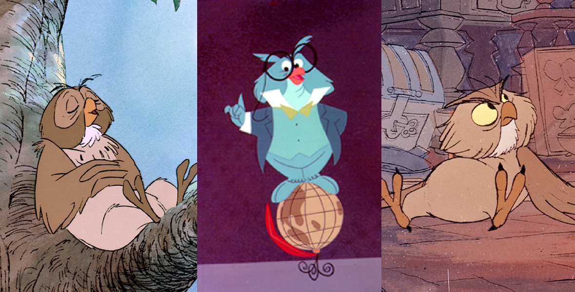 A collage of three animated owls. On the left is Owl of the Winnie the Pooh franchise, sitting on a tree branch. He leans his back against the trunk, presumably sleeping. He has brown feathers and appears to be snoring. In the middle, Professor Owl stands atop a brown globe. He has blue feathers and wears a blue shirt, dark blue jacket, green bow tie, white collar, and circular black spectacles. He smiles and holds his right arm in the air, pointer finger out. On the right, Archimedes from The Sword and the Stone lies on his back like he’s just fallen. He glares up at something off-screen. Archimedes has brown feathers and pale yellow eyes.