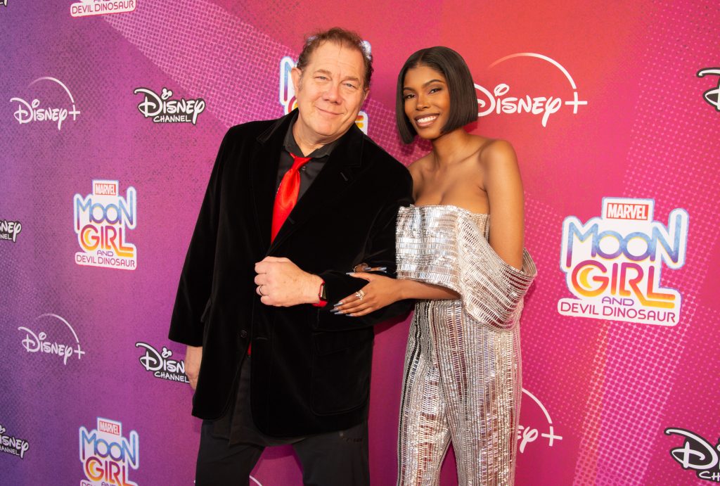 Fred Tatasciore and Diamond White attend the premiere for Marvel’s Moon Girl and Devil Dinosaur at The Walt Disney Studios Lot in Burbank, California.