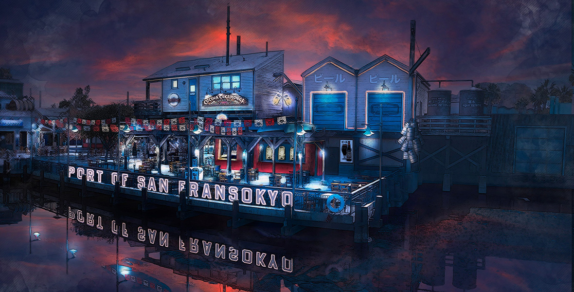 In concept art for San Fransokyo Square at Disney California Adventure Park at Disneyland Resort, a large sign denoting the “Port of San Fransokyo” is seen lit up along a dock at dusk, where there are several tables for an outdoor eating area. Lighting and small red and white flags criss-cross the seating area. The buildings in the background are blue and gray, and the water near the dock shimmers with the setting sun.