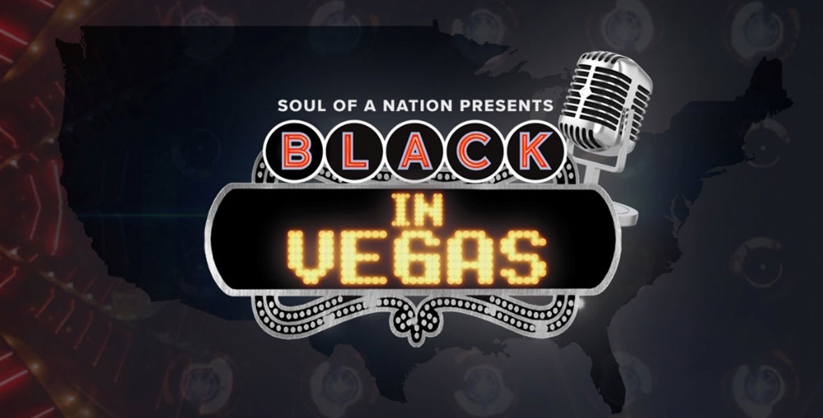 The key art for Black in Vegas includes an outline of the contiguous United States of America with the series’ logo resembling a marquee and a silver microphone.