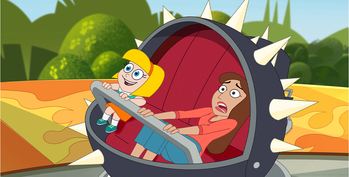 In a scene from an episode of Hamster & Gretel, Gretel, an animated young girl, and an adult woman sit in a round-shaped vehicle with large pointy spikes.