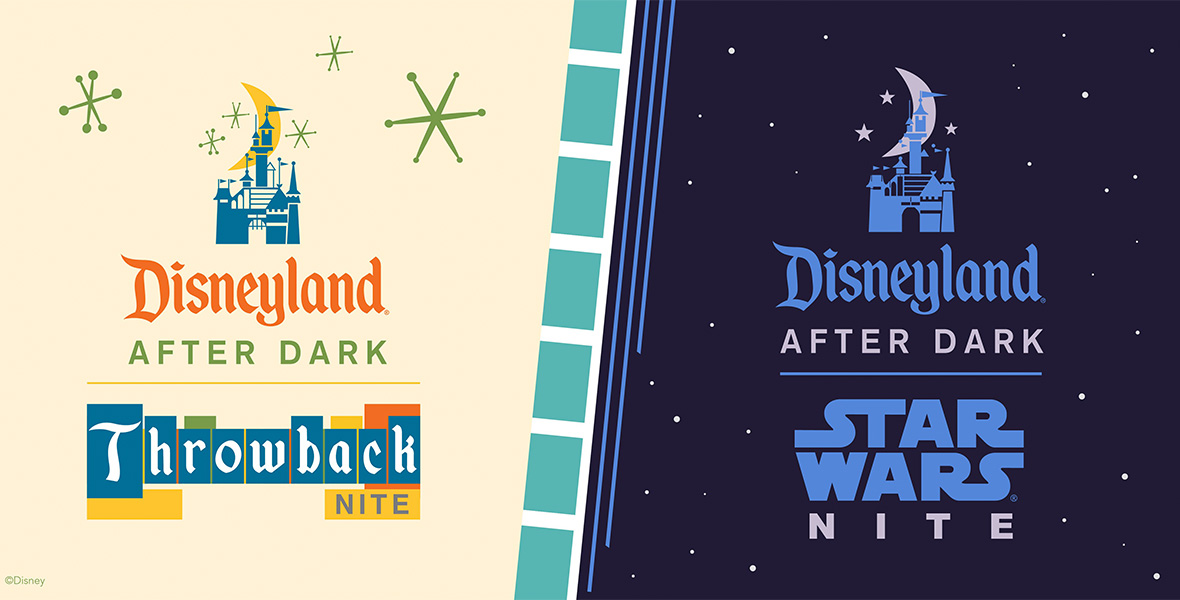 Promotional images for two Disneyland After Dark themed nights. On the left is the image for Throwback Nite, which features a small Sleeping Beauty Castle set against a cream-colored background; the letters of the word “Throwback” are fashioned after the old-school Disneyland sign. On the right is the image for Star Wars Nite, which also features a small Sleeping Beauty Castle but set against a starry-night background, and the typical “Star Wars” logo. 