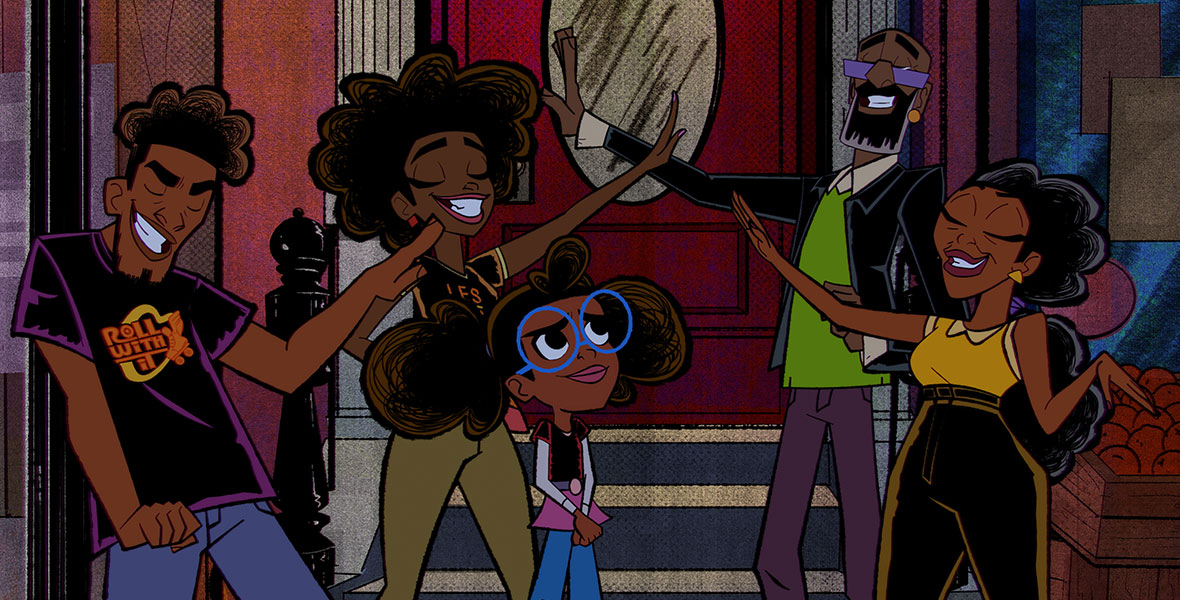 In a scene from the animated series Marvel’s Moon Girl and Devil Dinosaur, four adults and a young girl stand in front of an apartment stoop, and they all move their arms like a wave.