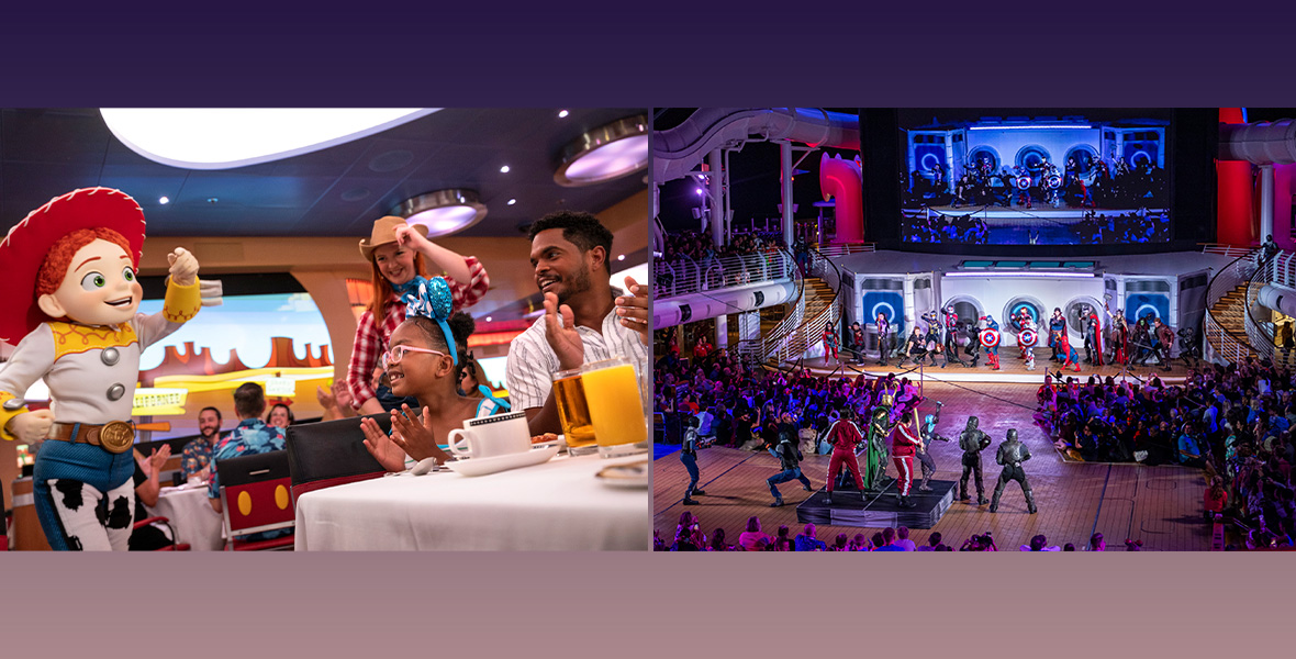 Two promotional images from Disney Cruise Line. In the left image, for Pixar Day at Sea, someone dressed as the character Jessie from Toy Story is entertaining a family in a restaurant; she’s wearing a large red hat and her traditional cowgirl outfit and is standing to the left of a daughter and father sitting at a table clapping, to the right. In the right image, the immersive deck show during Marvel Day at Sea is seen, featuring many characters from the Marvel Cinematic Universe surrounded by an audience made up of Disney Cruise Line guests. A large screen toward the top of the image is airing what’s happening on the deck stage.