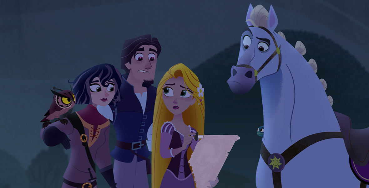 In the animated series Rapunzel’s Tangled Adventure, Rapunzel, Eugene, and Cass stand outside in the darkness. Rapunzel has endlessly long blond hair and green eyes, holding a torn scroll in her hands. Eugene, her boyfriend, and Cass, her lady-in-waiting, look over her shoulder at the scroll. Maximus, a white horse, peers curiously as Pascal the chameleon peeks out from behind him. A small, yellow-eyed owl perches on Cass’ right arm.