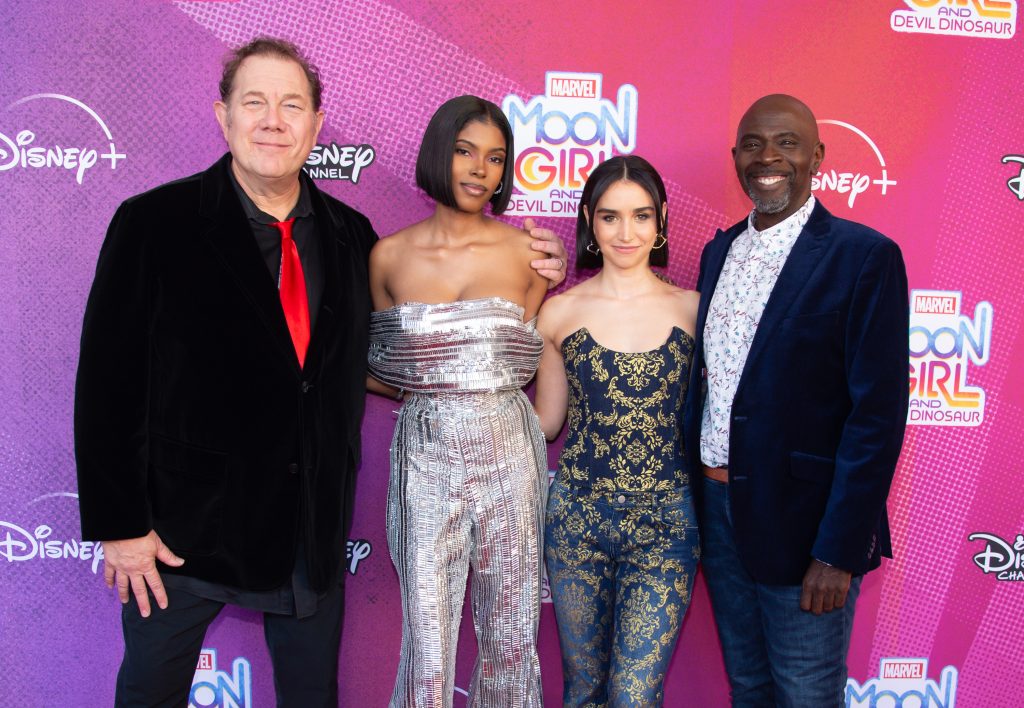 Fred Tatasciore, Diamond White, Libe Barer, and Gary Anthony Williams attend the premiere for Marvel’s Moon Girl and Devil Dinosaur at the Walt Disney Studios Lot in Burbank, California.