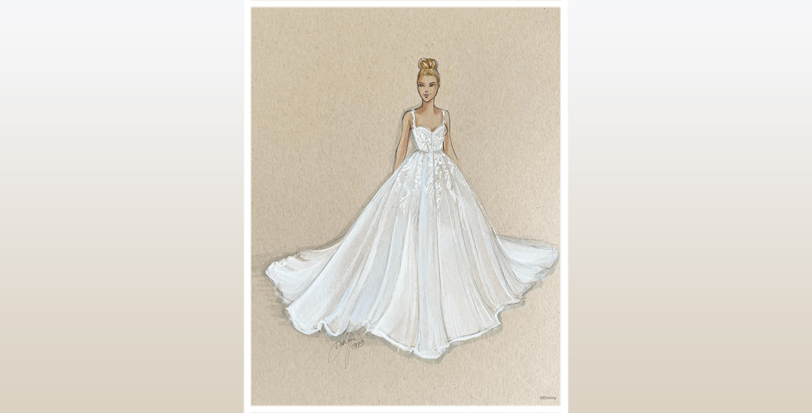 A concept rendering of one of the 2023 Disney’s Fairy Tale Weddings Collection dresses. The flowy floor-length dress has spaghetti straps and a beaded bodice.  