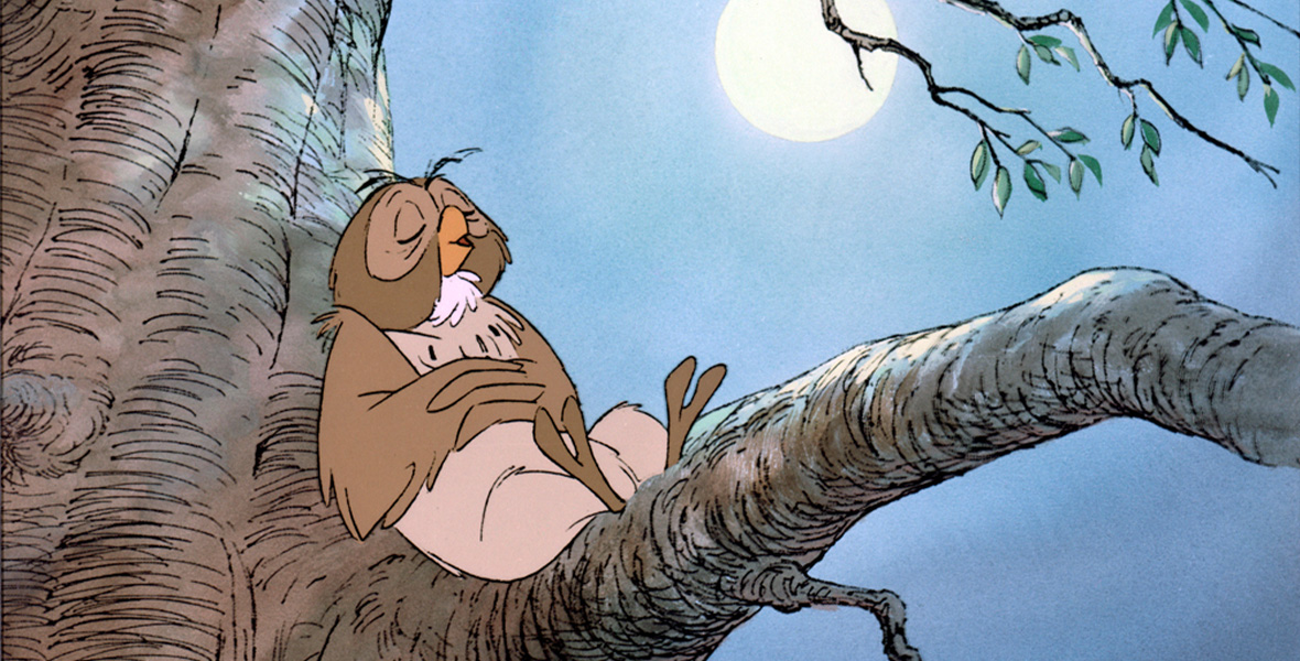 Owl of the animated Winnie the Pooh franchise sits up on a tree branch, the blue sky and sun in the background. He leans his back against the trunk, presumably sleeping. He has brown feathers and appears to be snoring.