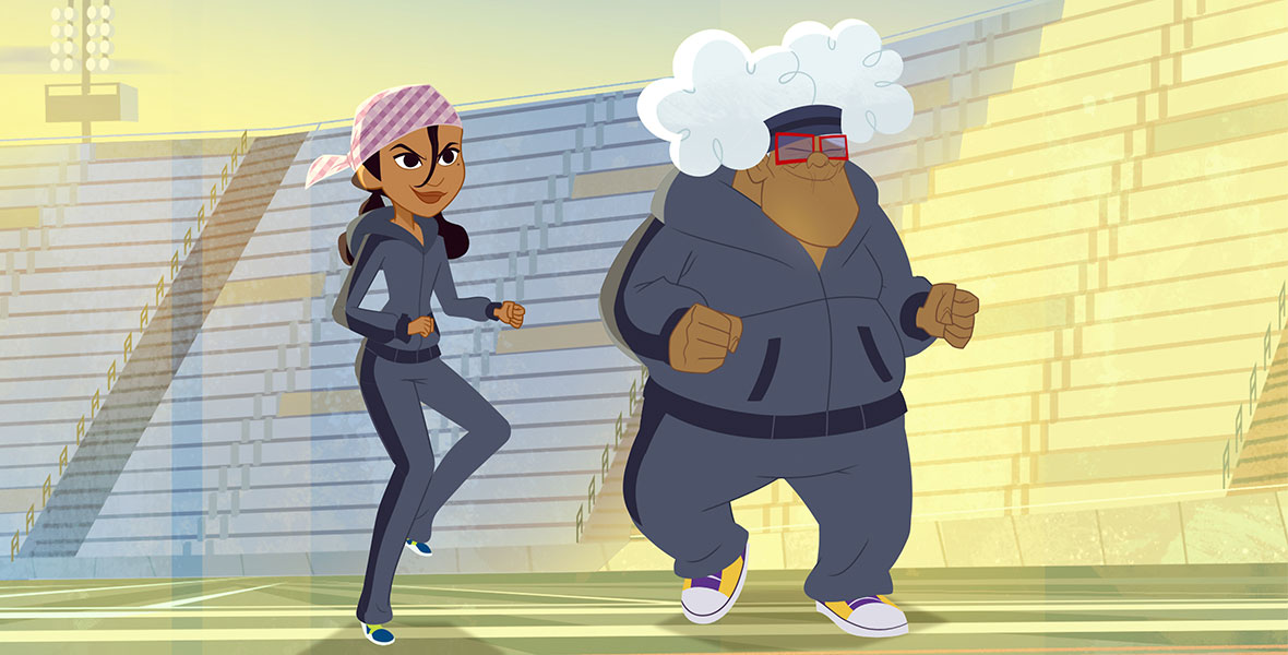 In a scene from the animated series The Proud Family: Louder and Prouder, Penny, a teenage girl, and Suga Mama, an elderly woman, wear matching gray sweatsuits and stand in a track stadium.