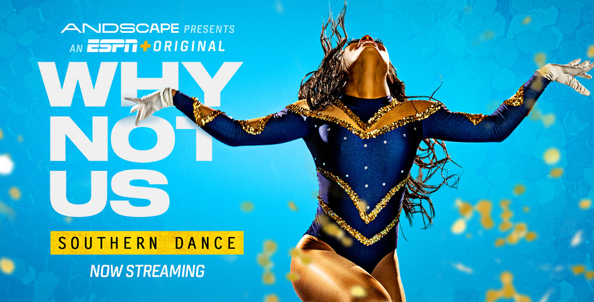 The key art for ESPN+ Original series Why Not Us: Southern Dance includes one dancer wearing a blue leotard with gold sequins against a light blue background and gold confetti raining down.