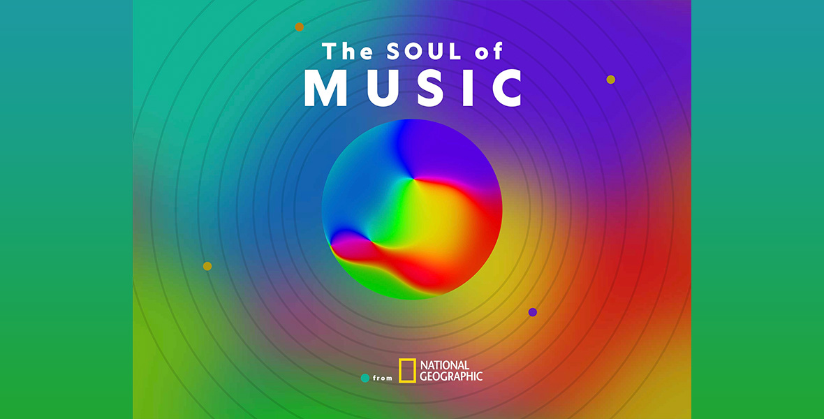 The rainbow-hued logo for The Soul of Music podcast from National Geographic. The words “The Soul of Music” are seen in white at the top; concentric circles are seen in the middle; and the National Geographic logo is seen at the bottom.