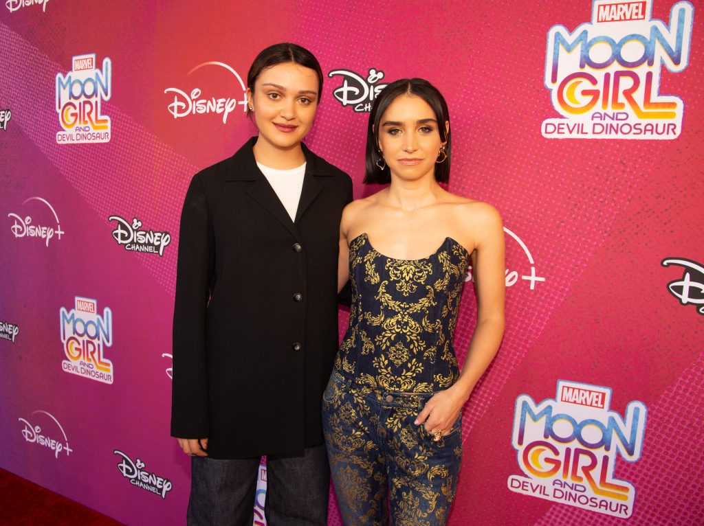 Ariela Barer and Libe Barer attend the premiere for Marvel’s Moon Girl and Devil Dinosaur at the Walt Disney Studios Lot in Burbank, California.