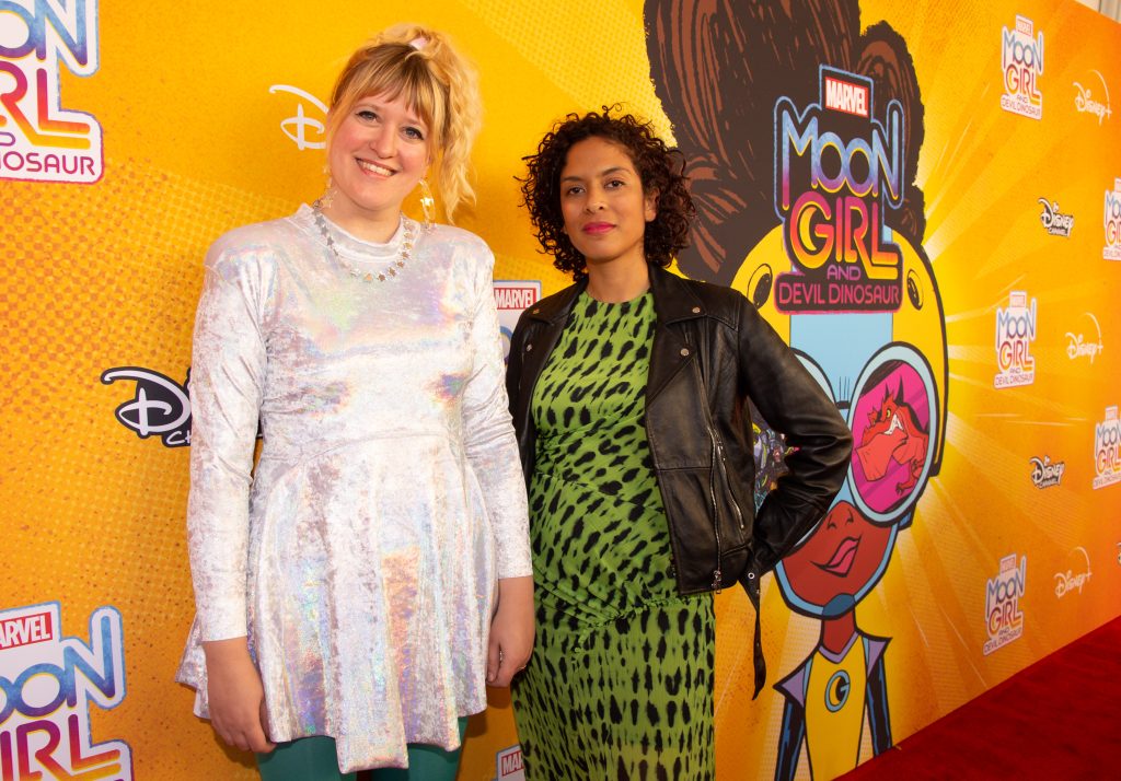 Amy Reeder and Natacha Bustos attend the premiere for Marvel’s Moon Girl and Devil Dinosaur at the Walt Disney Studios Lot in Burbank, California.