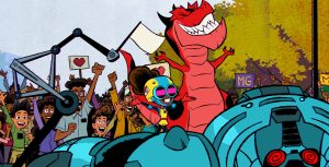 Outdoors, the animated characters Moon Girl and Devil Dinosaur stand and smile with their arms in the air over a fallen, giant blue robot holding up a white flag. Moon Girl wears her yellow helmet and goggles. Behind them, several spectators grin and cheer. Some hold signs with hearts or Moon Girl’s initials. Moon Girl and Devil Dinosaur bask in the moment.