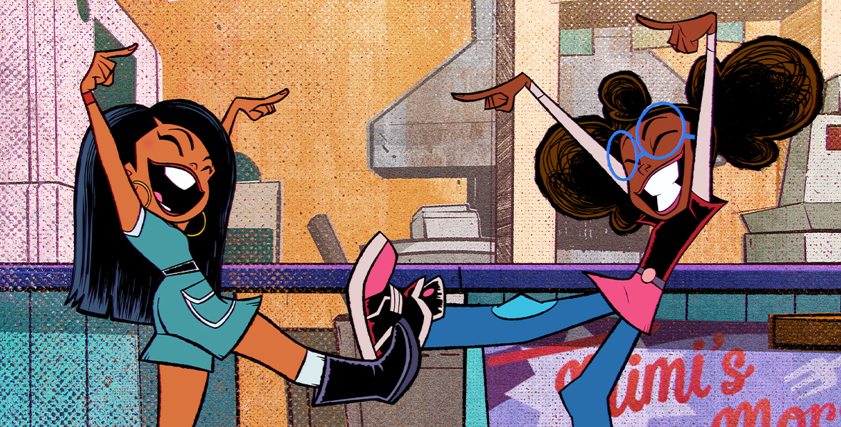 With eyes closed, Casey and Lunella grin as they both stick out their right foot and point their fingers at each other, hands above their heads. Lunella wears a pink top and sneakers, blue jeans, and purple glasses. Casey wears a teal romper, black boots, and hoop earrings.