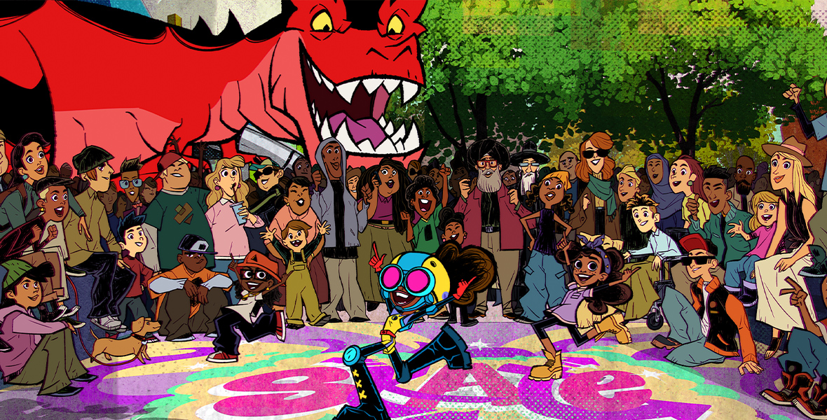 Moon Girl dances atop the colorful, vibrant ground as onlookers watch and cheer. In the back of the crowd, Devil Dinosaur watches with a toothy grin.