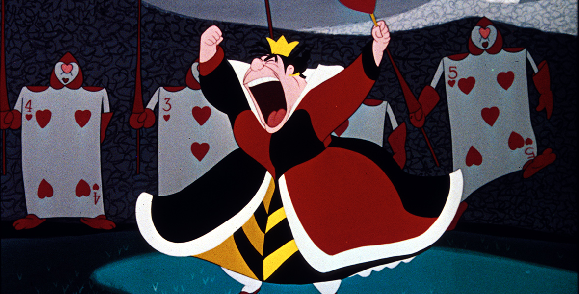 The animated Queen of Hearts screams with her arms in the air, clutching a scepter with a red heart at the top. A gold crown sits atop her head and she wears a red and black dress. Four cards of the heart suit stand behind her, gripping lances with red hearts. They’re gathered in front of tall hedges.