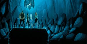In a huge cavern, we see the backs of four people standing on a rock, Kida and Milo among them. They look up at the Heart of Atlantis, which levitates up toward the cavern&rsquo;s ceiling. The glowing blue crystal is surrounded by six oblong fragments with ancient faces carved upon them. The light floods into the cavern, but the bottom half of the frame is still dark.