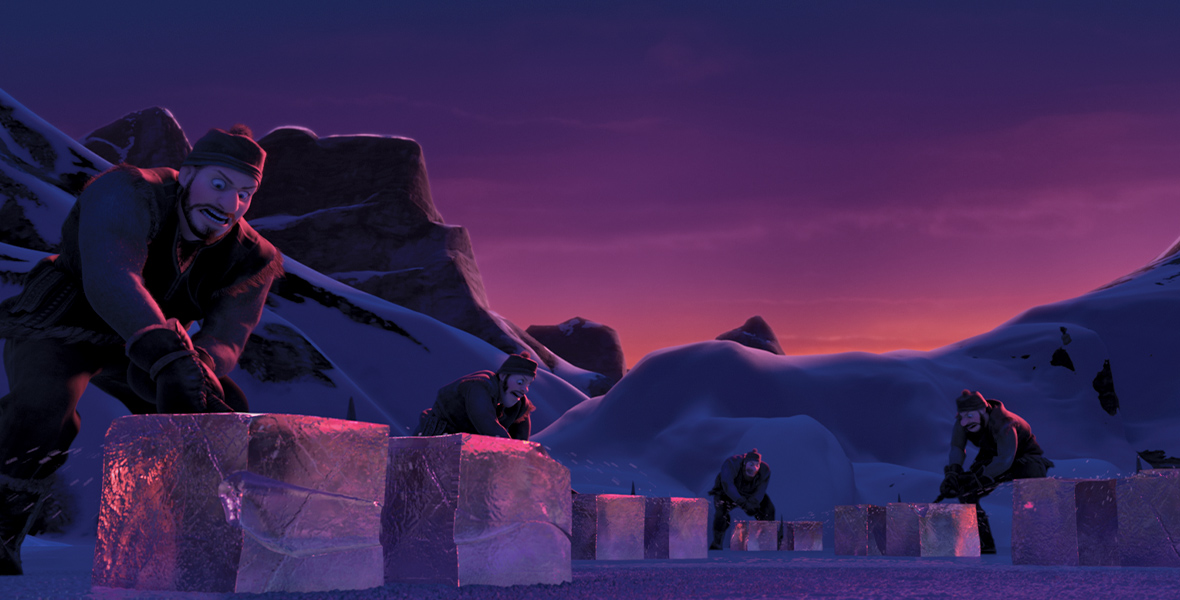 On a frozen lake in the mountains, five ice harvesters slam their ice picks into blocks of ice. They wear warm, woolen gray gear and thick hats, staring intensely at their respective blocks of ice. A yellow light peeks up behind the mountains, indicating that it is either dawn or dusk.