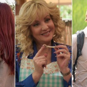 Left - In a scene from an episode of Love Trip: Paris, Lisa and Caroline, two adult women, stand close together near the railing on a boat during daytime and hold champagne glasses. Middle - In a scene from an episode of The Goldbergs, actor Wendi McLendon-Covey as Beverly Goldberg holds a small chicken bone in between her two pointer fingers. Right - In a scene from an episode of 7 Toughest Days, Dwayne Fields walks through an oasis in Oman.