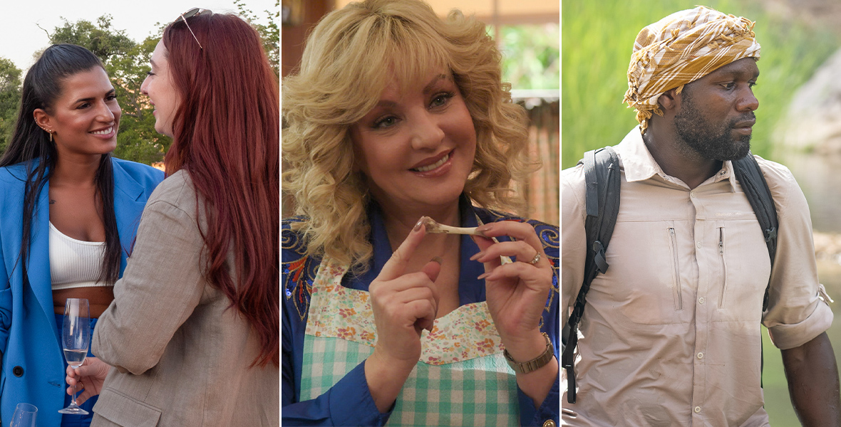 Left - In a scene from an episode of Love Trip: Paris, Lisa and Caroline, two adult women, stand close together near the railing on a boat during daytime and hold champagne glasses. Middle - In a scene from an episode of The Goldbergs, actor Wendi McLendon-Covey as Beverly Goldberg holds a small chicken bone in between her two pointer fingers. Right - In a scene from an episode of 7 Toughest Days, Dwayne Fields walks through an oasis in Oman.