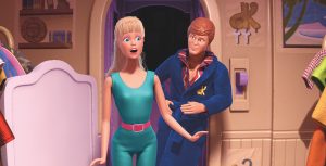 Entering the animated dream house dressing room, Barbie looks amazed at the racks of clothes. Ken smiles behind her as he leans against the door frame. Barbie wears her teal jumpsuit and pink belt, while Ken wears a striped button-down and blue bathrobe. A gold &ldquo;K&rdquo; is embroidered on the front.