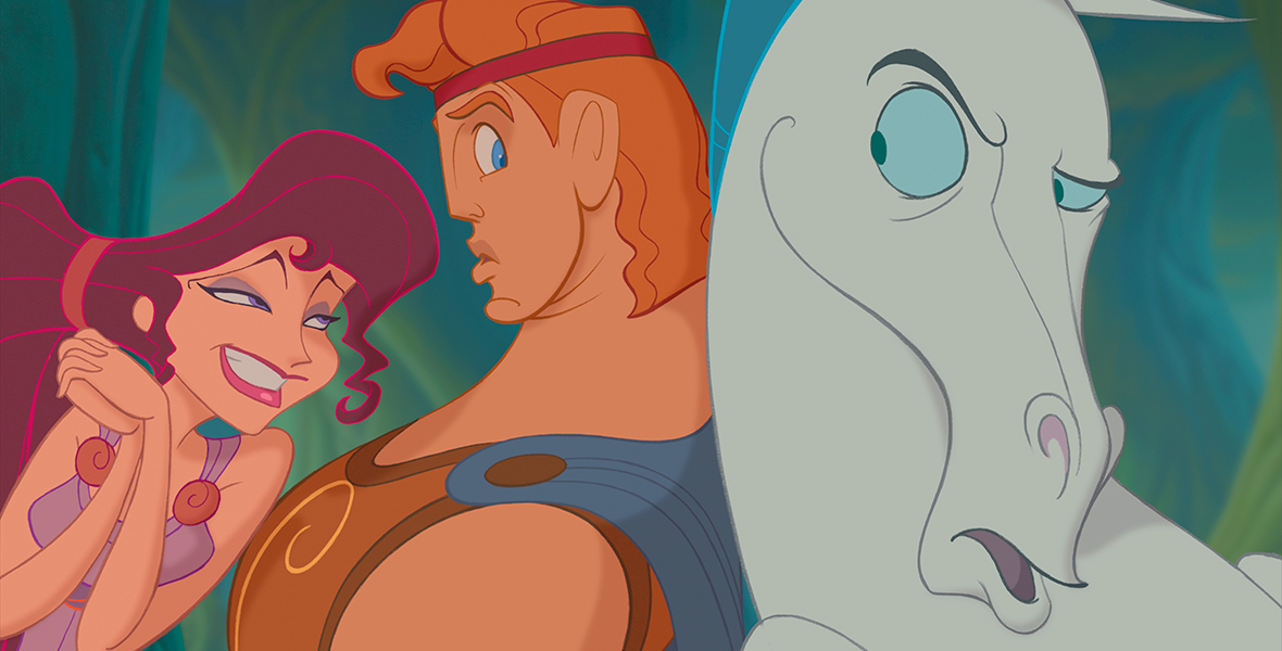 In the animated film Hercules, Hercules and Pegasus are back-to-back, peeking toward each other. Meg leans up against Hercules, hands clasped together by her face. Hercules wears a tan tunic and blue cape, red hair held up by a headband. Meg wears a purple dress and ponytail. Pegasus has blue eyes and a blue mane.