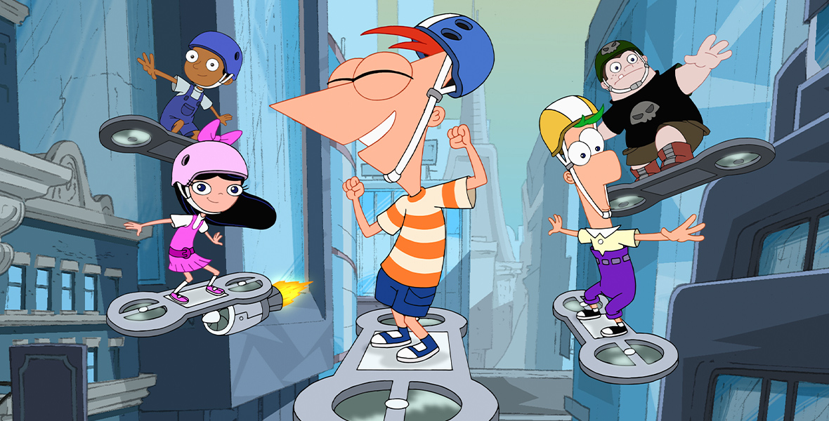 From left to right, animated Phinas and Ferb characters Baljeet, Isabella, Phineas, Ferb, and Buford ride rocket-powered hoverboards through a city street.